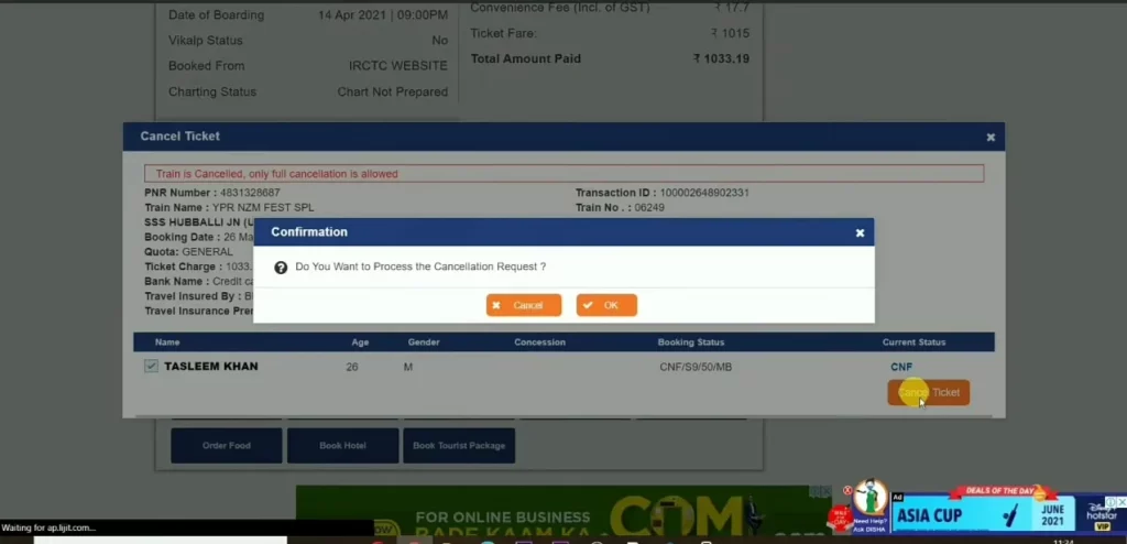 Cancel ticket in IRCTC